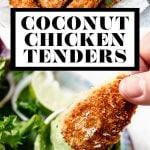 Crispy Coconut Chicken Tenders with graphic text overlay for Pinterest.