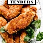 Crispy Coconut Chicken Tenders with graphic text overlay for Pinterest.