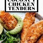 Crispy Coconut Chicken Tenders with graphic text overlay for Pinterest.