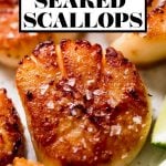 Healthy Seared Scallops with Mango Rice graphic with text overlay for Pinterest.