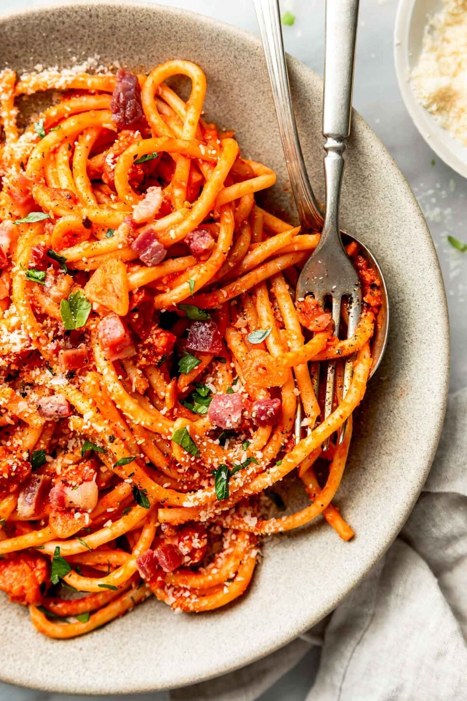A close-up overhead shot of a serving of bucatini all'amatriciana in a stoneware bowl on a white marbled surface. A bowl of parmesan sits alongside it.