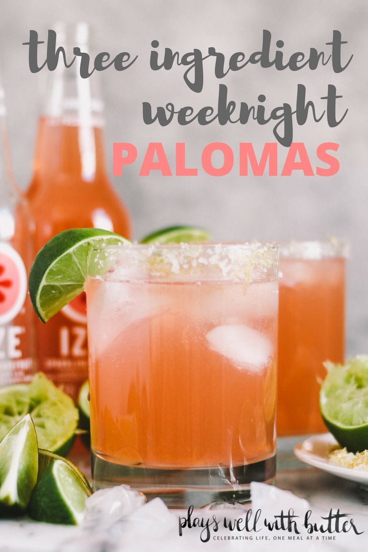 weeknight palomas with three simple ingredients, perfect for when you need a cocktail without frills or fuss. these weeknight palomas are perfect for whenever you'd like to have some girlfriends over on a whim for some laughs (+ chips & guac, of course). plus…cinco de mayo is right around the corner…#justsayin! | cinco de mayo recipe, cocktail recipe, girls night idea, girls night cocktail, paloma recipe, easy cocktail, tequila |