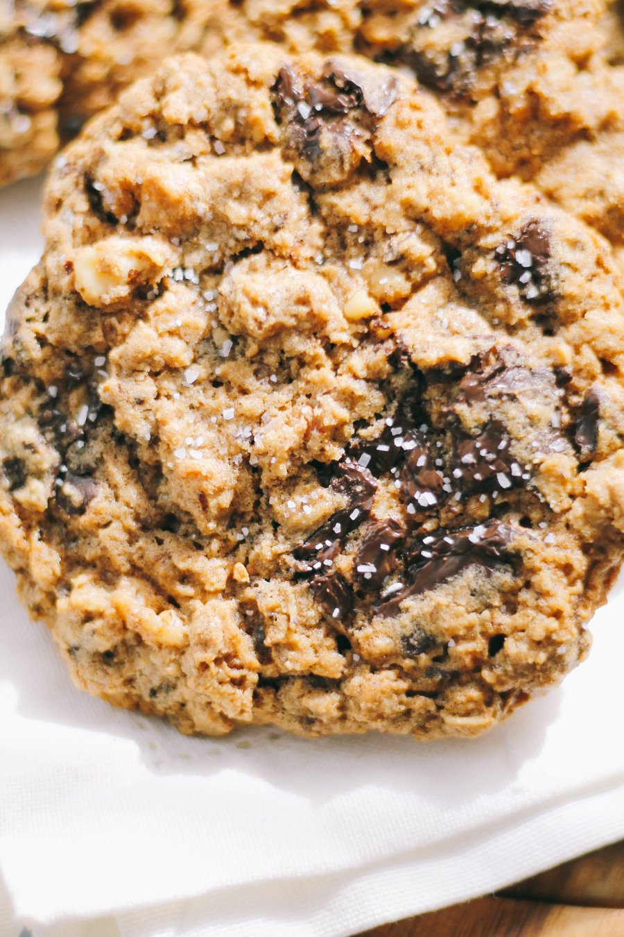 dark chocolate chunk oatmeal cookies with walnuts, pecans, & sea salt via playswellwithbutter | not your average chocolate chip cookie, dark chocolate chunk oatmeal cookies have the perfect crunchy yet chewy texture & are loaded with rich chunks of dark chocolate, walnuts, & pecans. finished with just a kiss of sea salt, these perfect cookies will have you coming back for more!