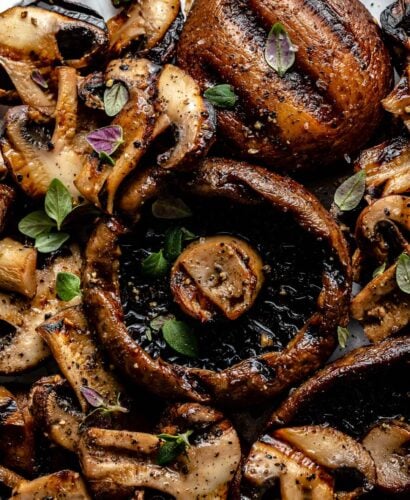 A macro close-up overhead shot of grilled mushrooms on a white plate.