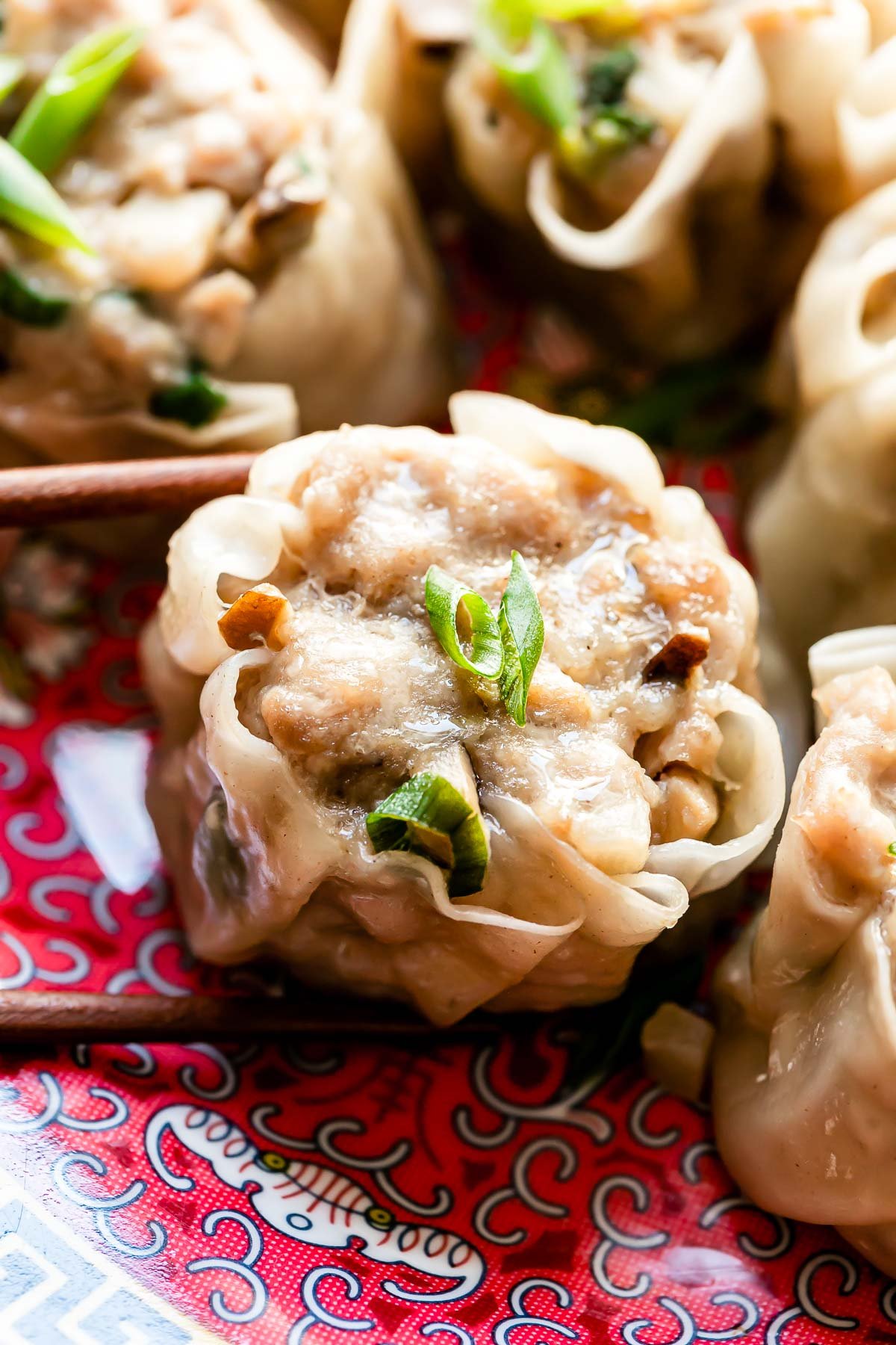A close up macro shot of shumai dumplings served atop a colorful platter. A pair of wooden chopsticks works to pick up one of the dumplings off of the platter and the dumplings have been garnished with sliced green onions.