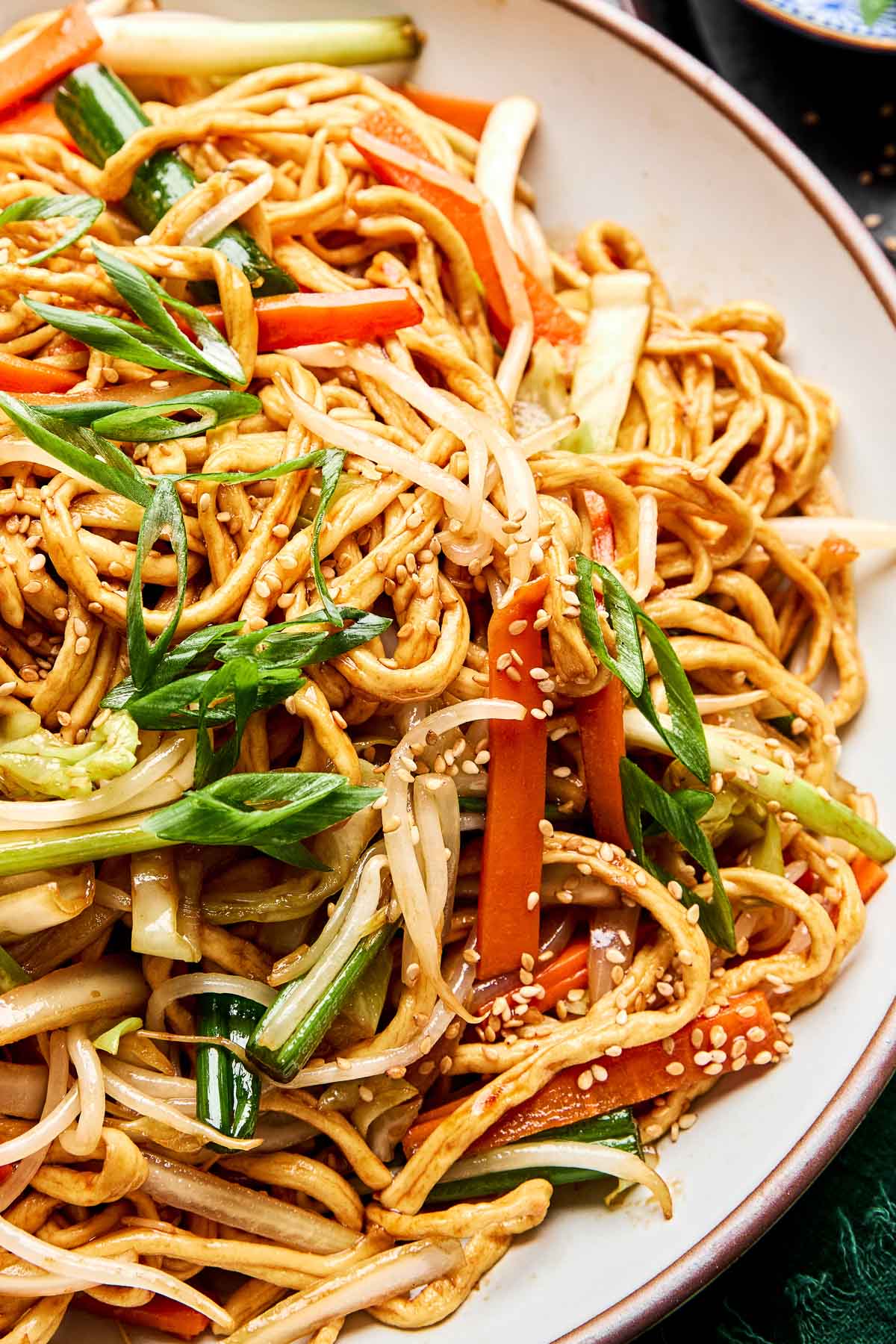 A close-up overhead shot of vegetable stir fried noodles in a white stoneware bowl, garnished with green onions and sesame seeds.