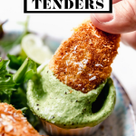 Crispy Coconut Chicken Tenders with graphic text overlay for Pinterest.