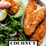 Crispy Coconut Chicken Tenders with graphic text overlay for Pinterest.