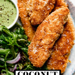 Crispy Coconut Chicken Tenders with graphic text overlay for Pinterest.