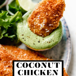 Crispy Coconut Chicken Tenders with graphic text overlay for Pinterest.