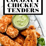 Crispy Coconut Chicken Tenders with graphic text overlay for Pinterest.