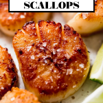 Healthy Seared Scallops with Mango Rice graphic with text overlay for Pinterest.