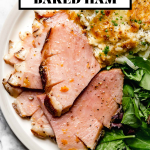 Citrus & Maple Glazed Ham with graphic text overlay for Pinterest.